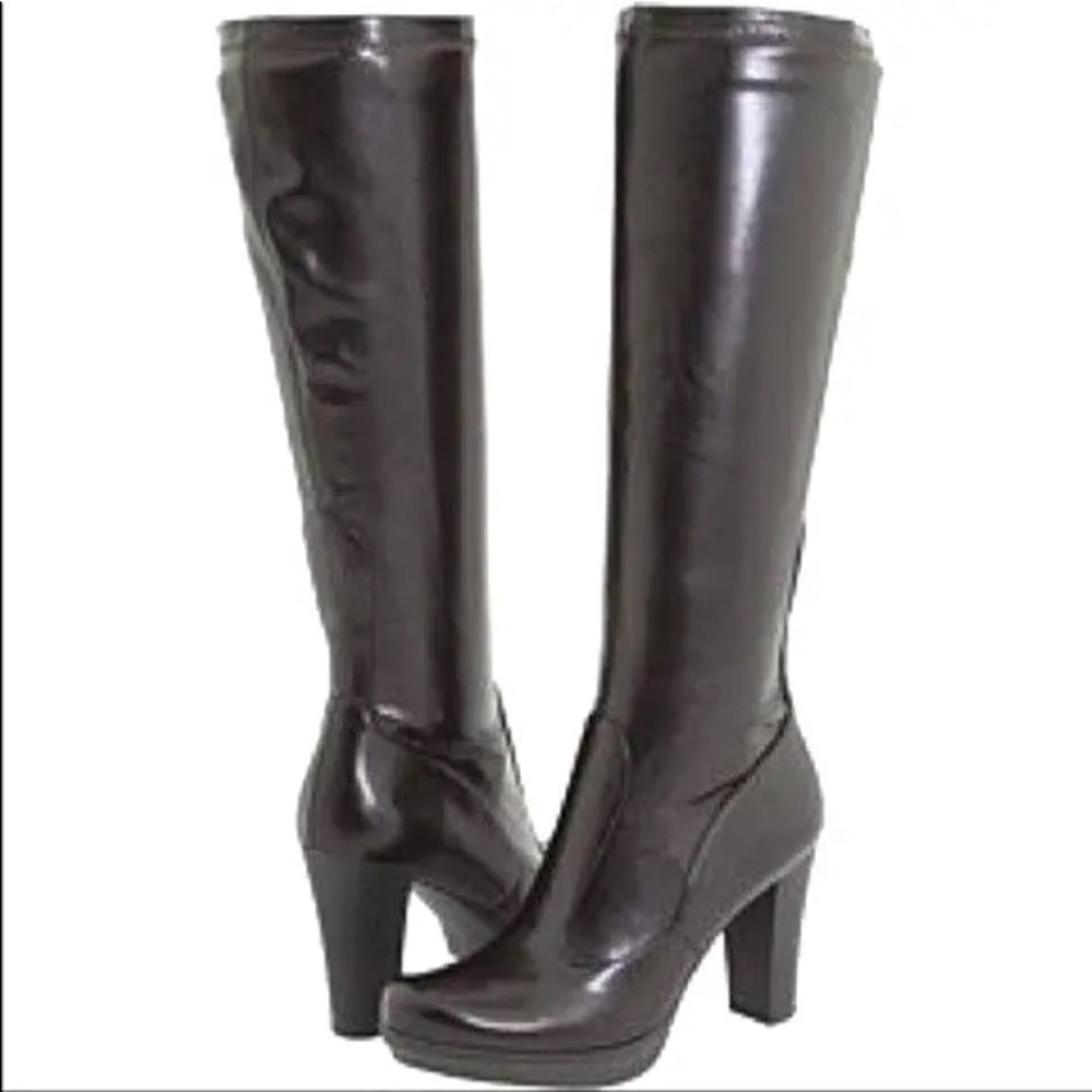 Womens Franco Sarto Sz 8.5 Boots Phantom Tall High Block Heeled 4" Slip On Brown